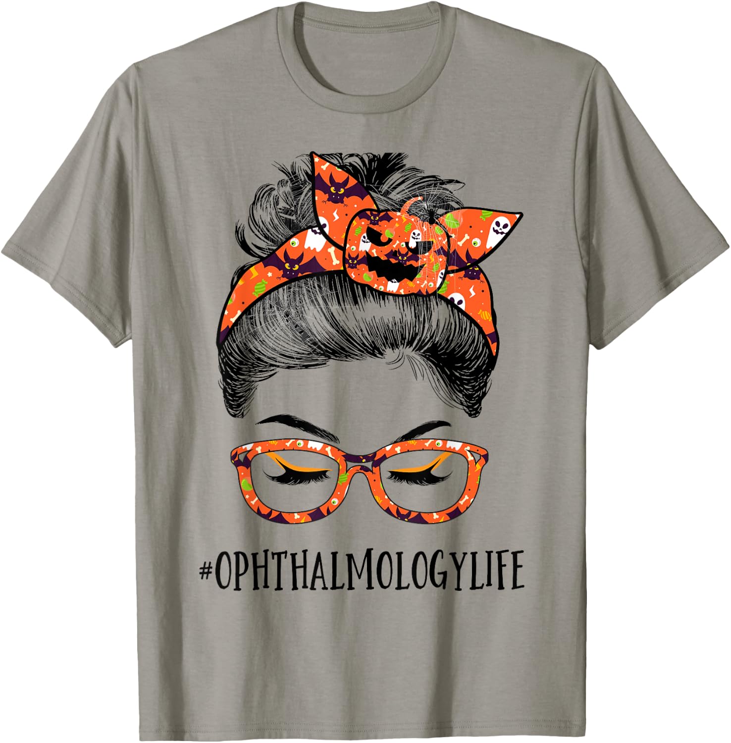 Ophthalmology Women Messy bun Pumpkin Halloween Spider T-Shirt - T-Shirt | Sand