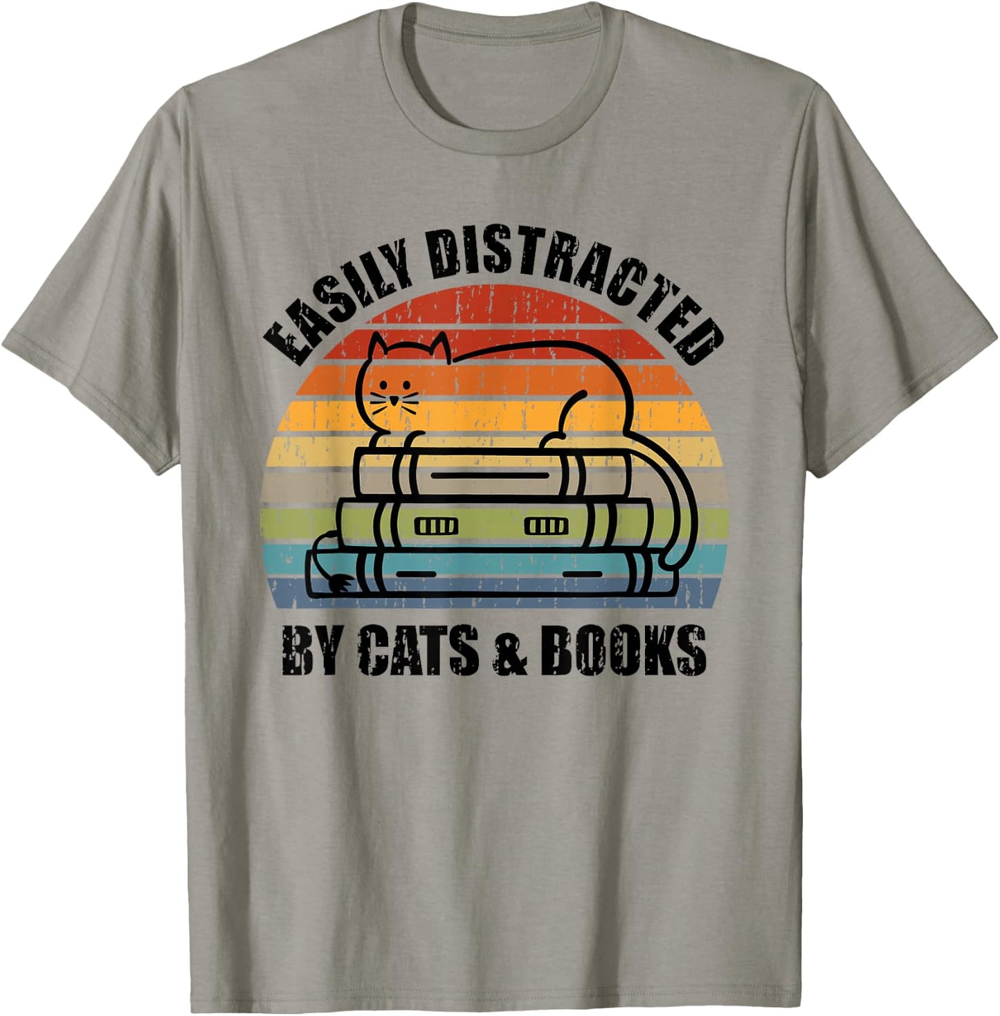 Easily Distracted by Cats and Books - Retro Cat & Book Lover T-Shirt - T-Shirt | Sand