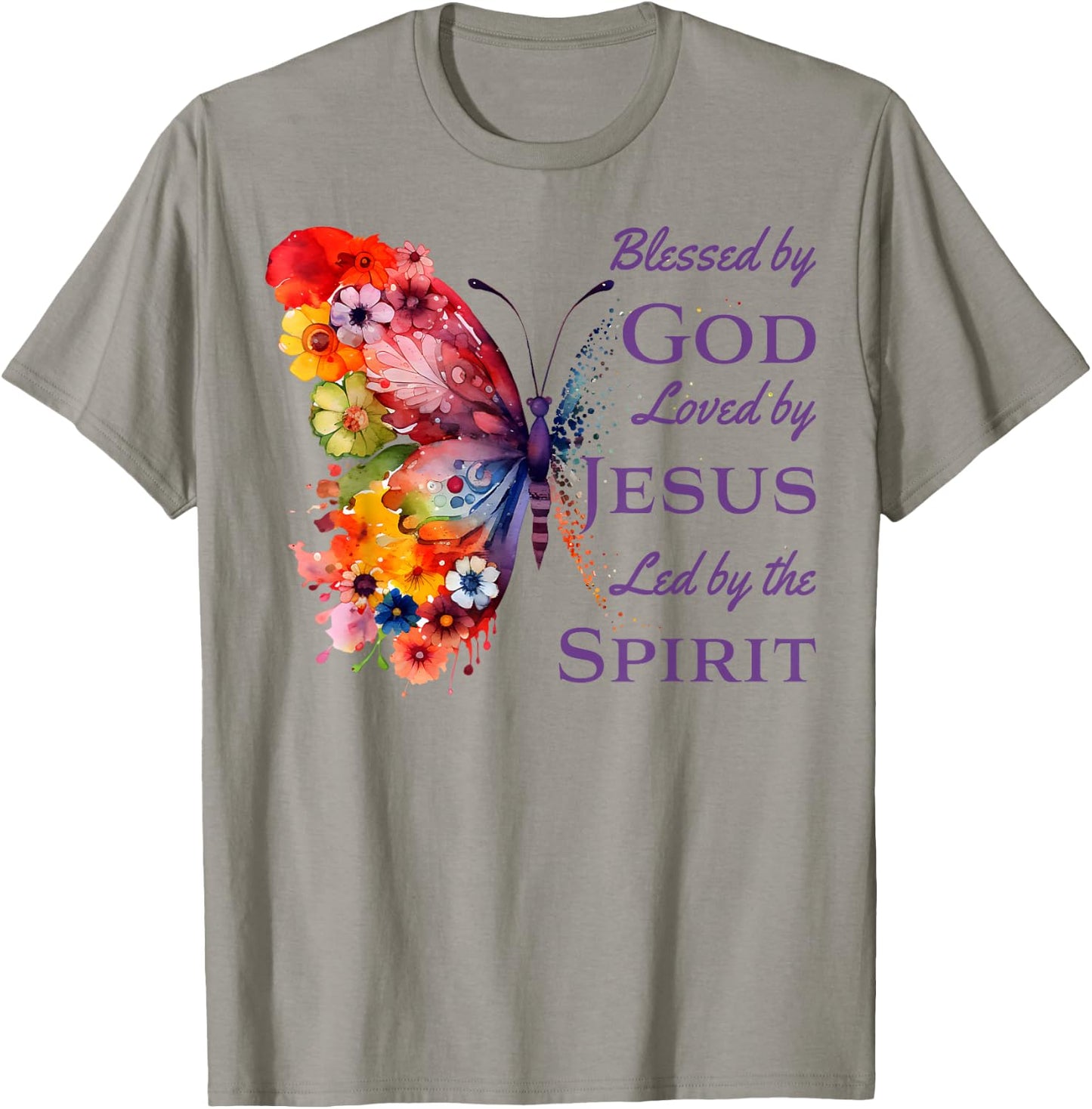 Blessed by God Loved by Jesus Butterfly And Flowers T-Shirt - T-Shirt | Sand