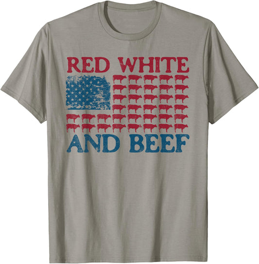Red White And Beef 4th Of July Cattle American Flag Cow T-Shirt - T-Shirt | Sand