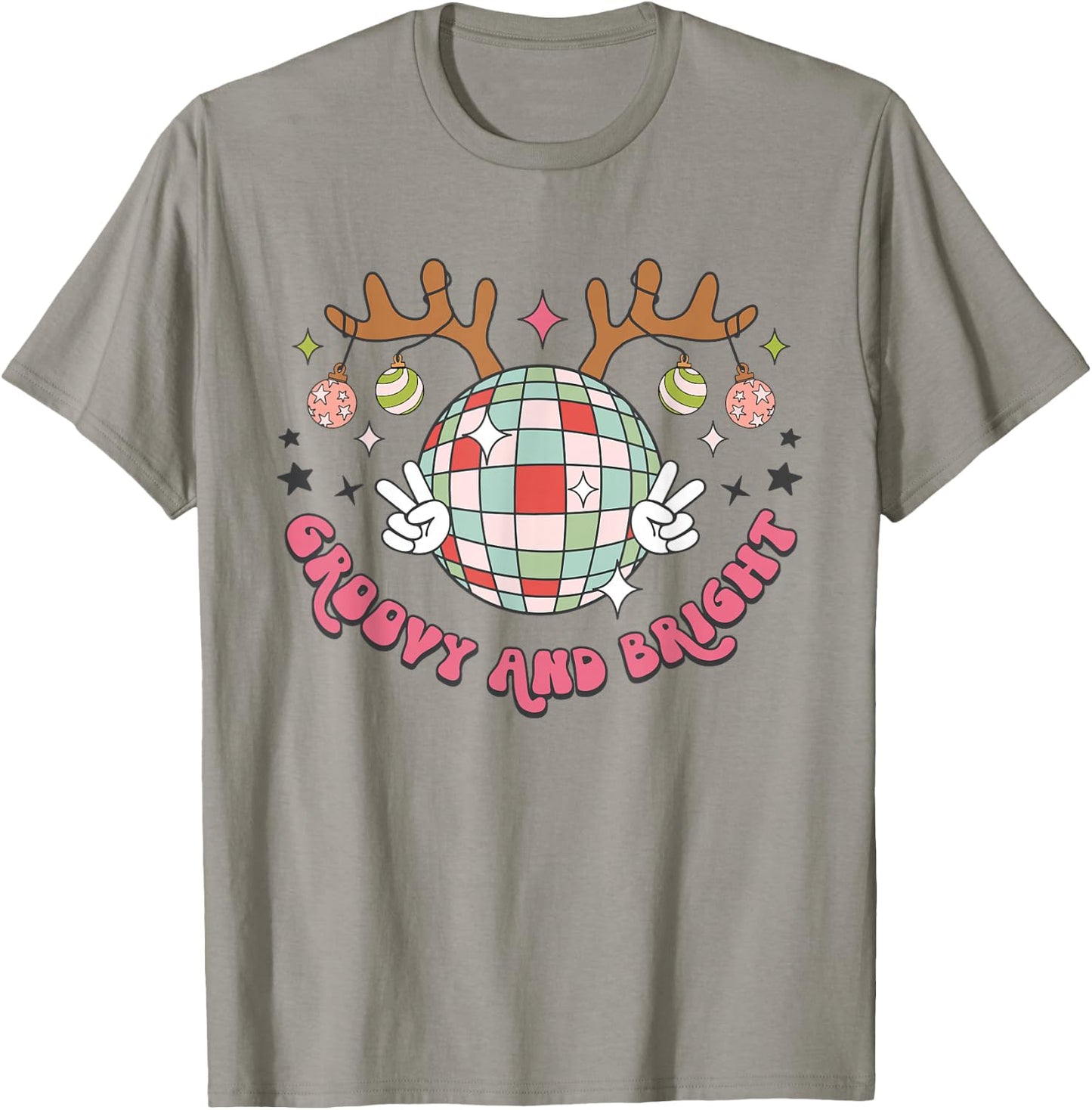 Groovy And Bright Merry Christmas Disco Ball Reindeer T-Shirt - T-Shirt | Sand