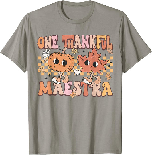 Retro Pumpkin One Thankful Maestra Fall Spanish Teacher T-Shirt - T-Shirt | Sand