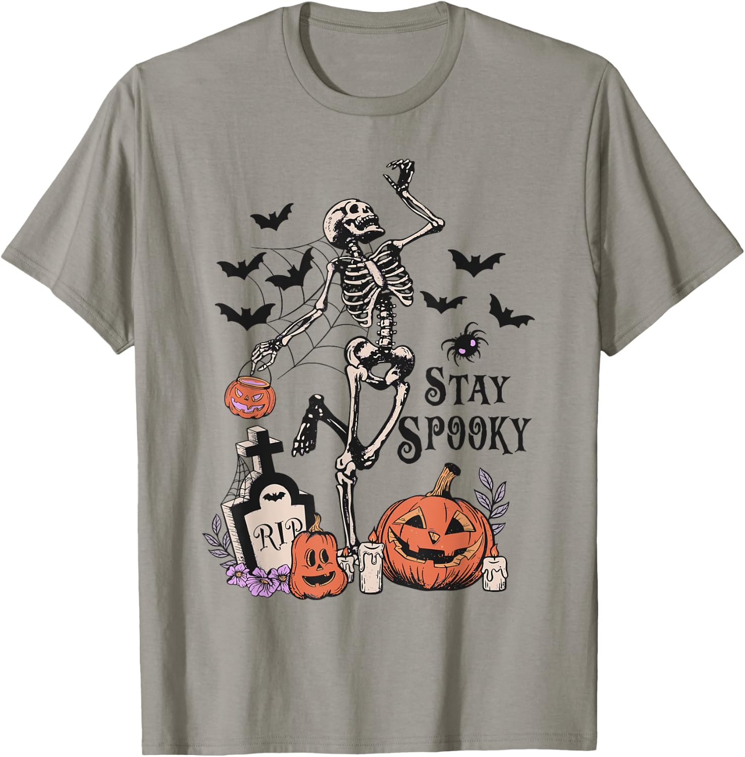 Dancing Skeleton Pumpkin Bat Tombstone Spooky Halloween T-Shirt - T-Shirt | Sand
