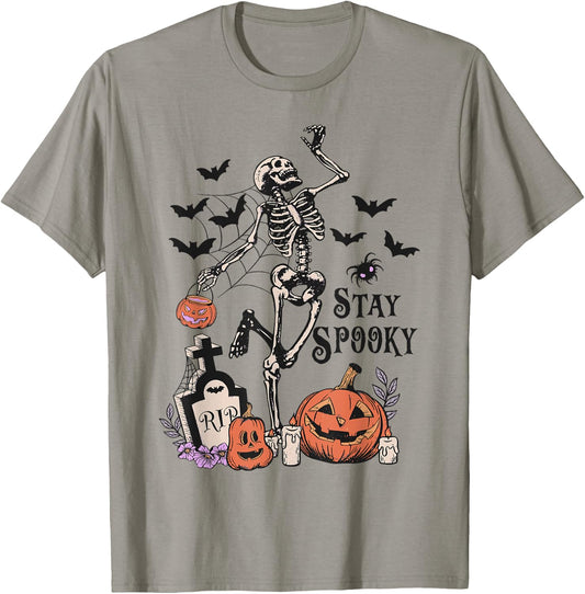 Dancing Skeleton Pumpkin Bat Tombstone Spooky Halloween T-Shirt - T-Shirt | Sand