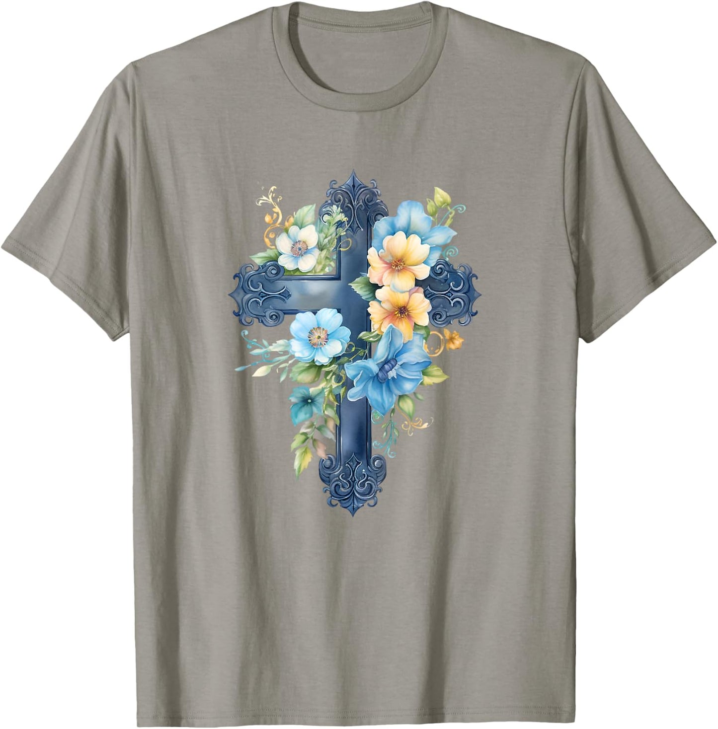 Catholic Watercolor Cross Graphic Women Floral Aesthetic T-Shirt - T-Shirt | Sand