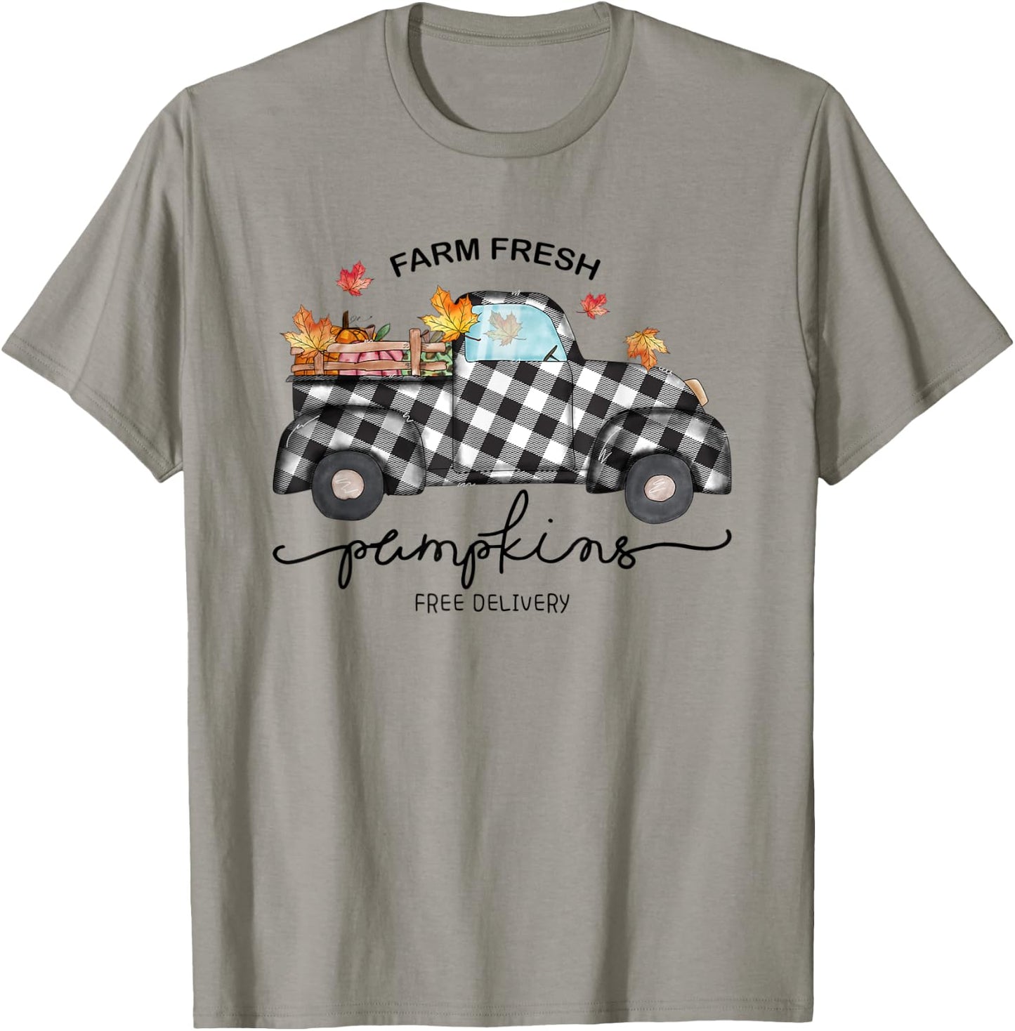 Farm Fresh Pumpkins Autumn Leaves Truck Buffalo Plaid Fall T-Shirt - T-Shirt | Sand