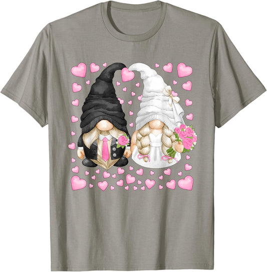 Cute Heart Pattern For Wedding Mr. Groom Mrs. Bride Gnome T-Shirt - T-Shirt | Sand