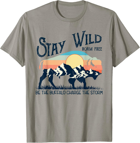 W4Mx Retro Stay Wild Roam Free The Buffalo Charge The Storm T-Shirt - T-Shirt | Sand