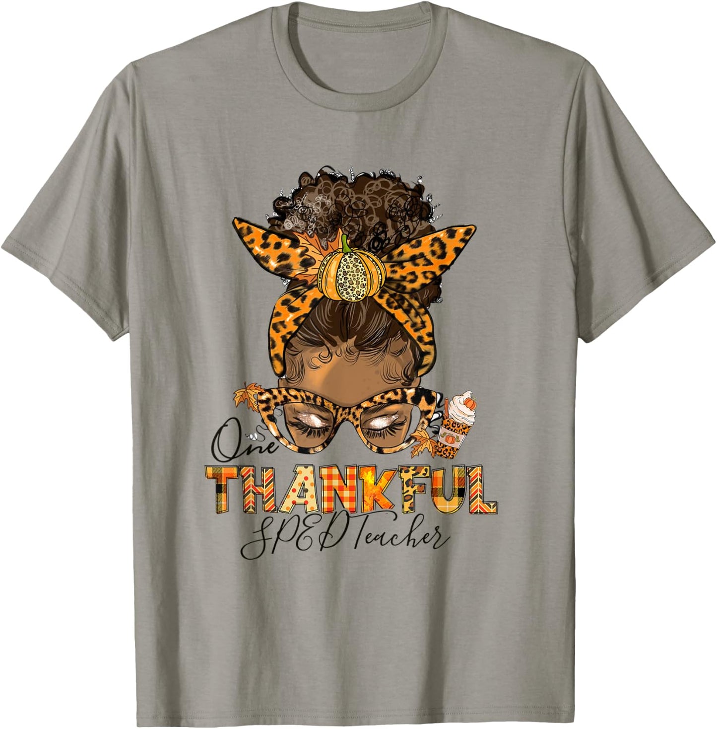 One Thankful SPED Teacher Messy Bun Thanksgiving Afro Women T-Shirt - T-Shirt | Sand