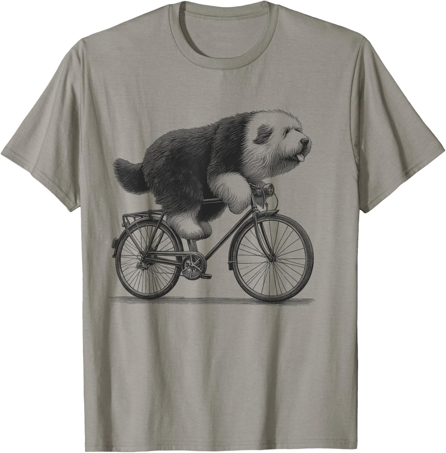 Old English Sheepdog Dog Riding a Bike Bicycle Biker Cycling T-Shirt - T-Shirt | Sand