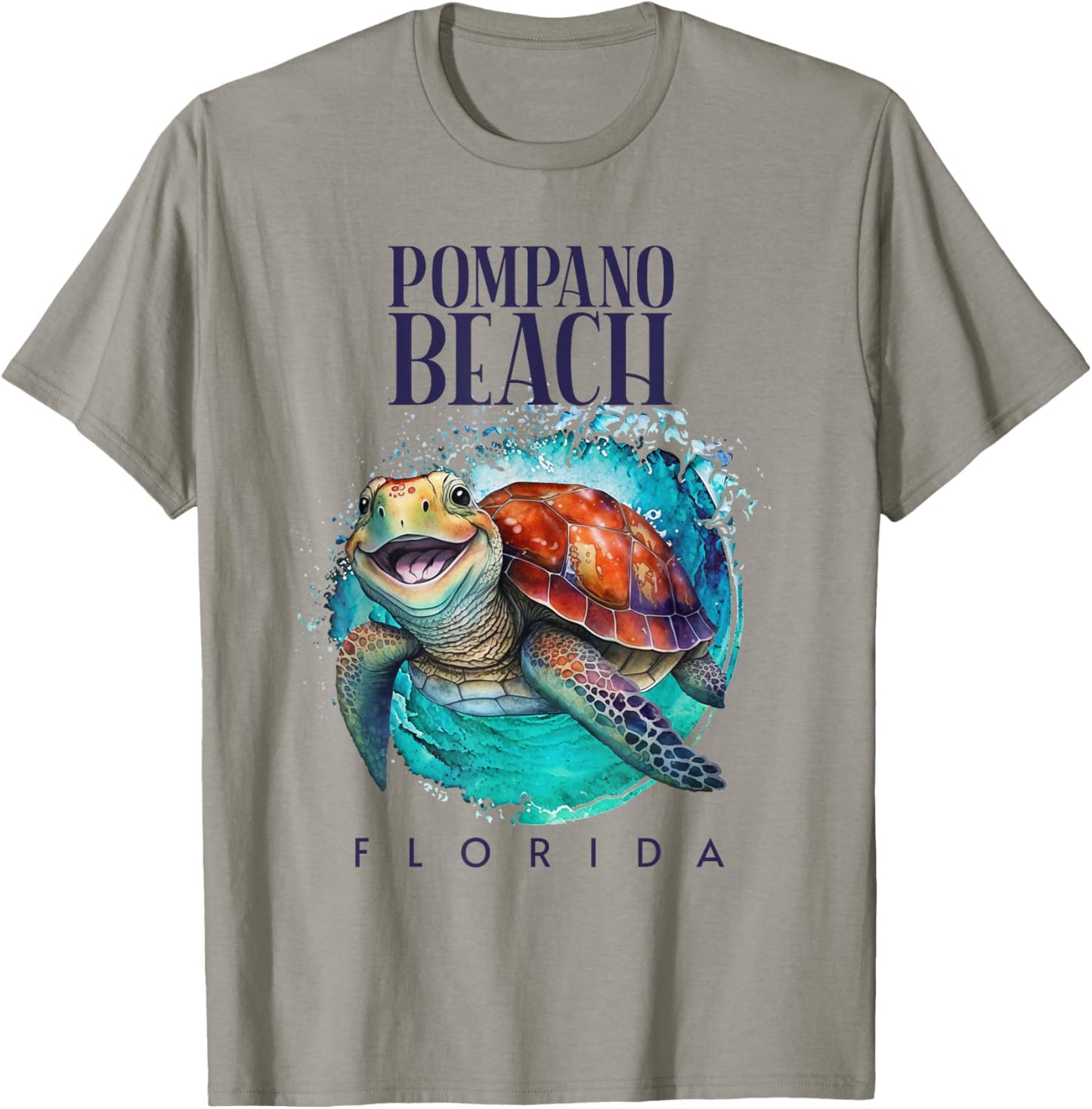 Pompano Beach Florida Watercolor Happy Sea Turtle T-Shirt - T-Shirt | Sand