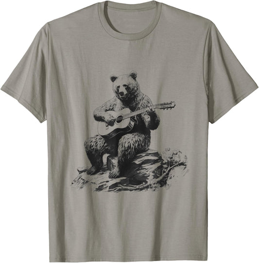 Bear Playing Acoustic Guitar Vintage Guitarist Music Lovers T-Shirt - T-Shirt | Sand