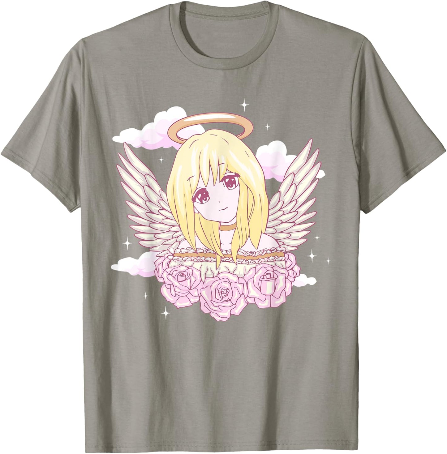 Angelcore Aesthetic Anime Girl Roses Angel Halo T-Shirt - T-Shirt | Sand