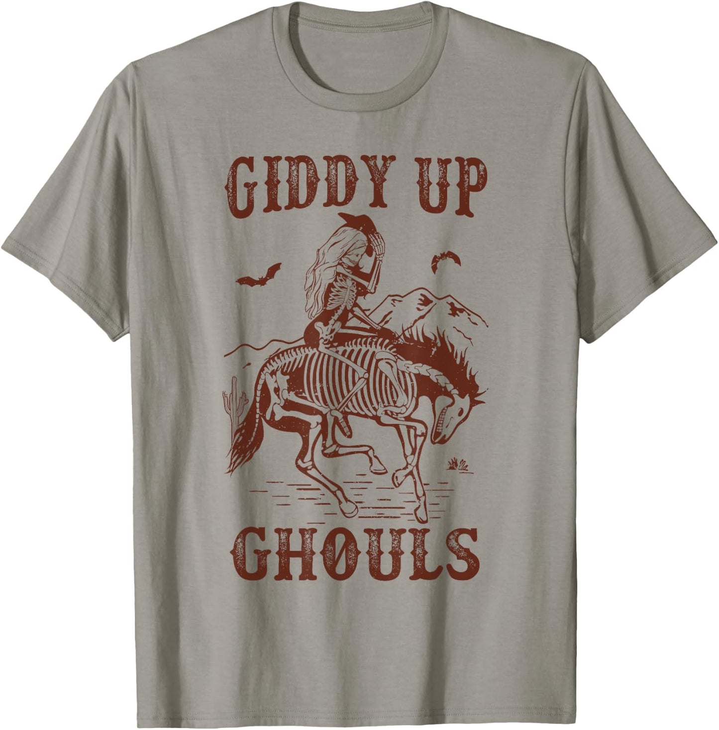 Giddy Up Ghouls Halloween Western Cowgirl Cowboy Skeleton T-Shirt - T-Shirt | Sand