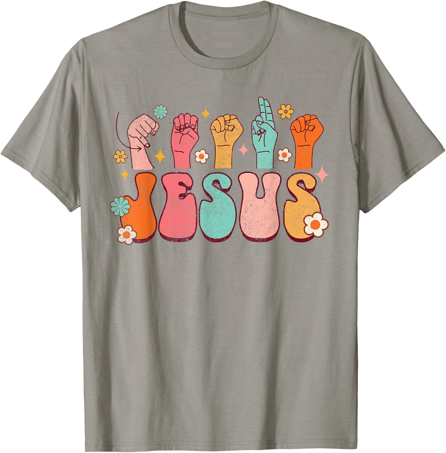 Jesus ASL Sign Language Christian ASL D/HH Teacher Groovy Men Women T-Shirt - T-Shirt | Sand