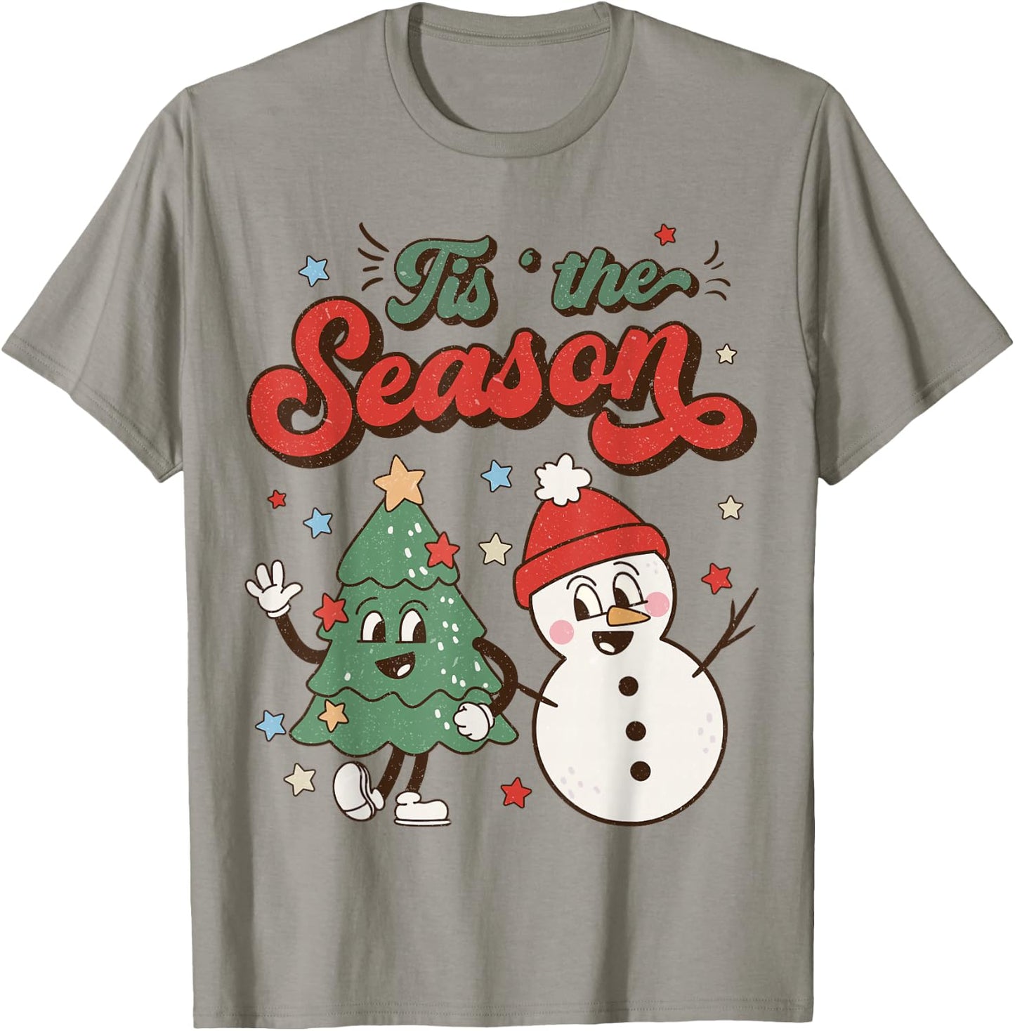 Vintage Christmas Tis The Season Christmas Tree Snowman T-Shirt - T-Shirt | Sand