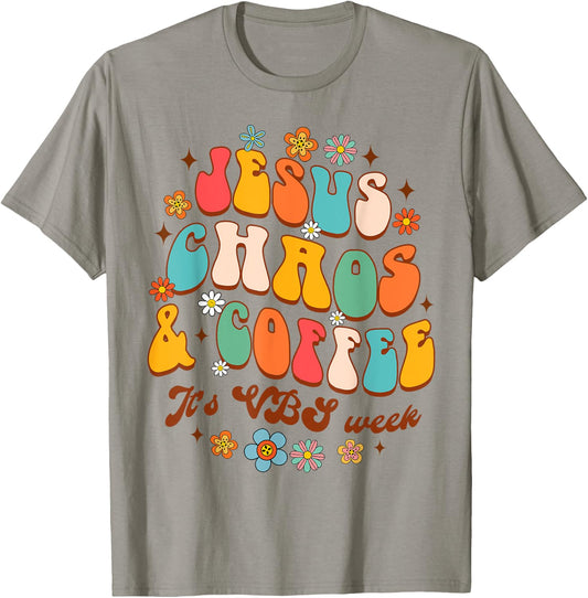 Christian Religious Funny Jesus Chaos Coffee It's VBS Week T-Shirt - T-Shirt | Sand