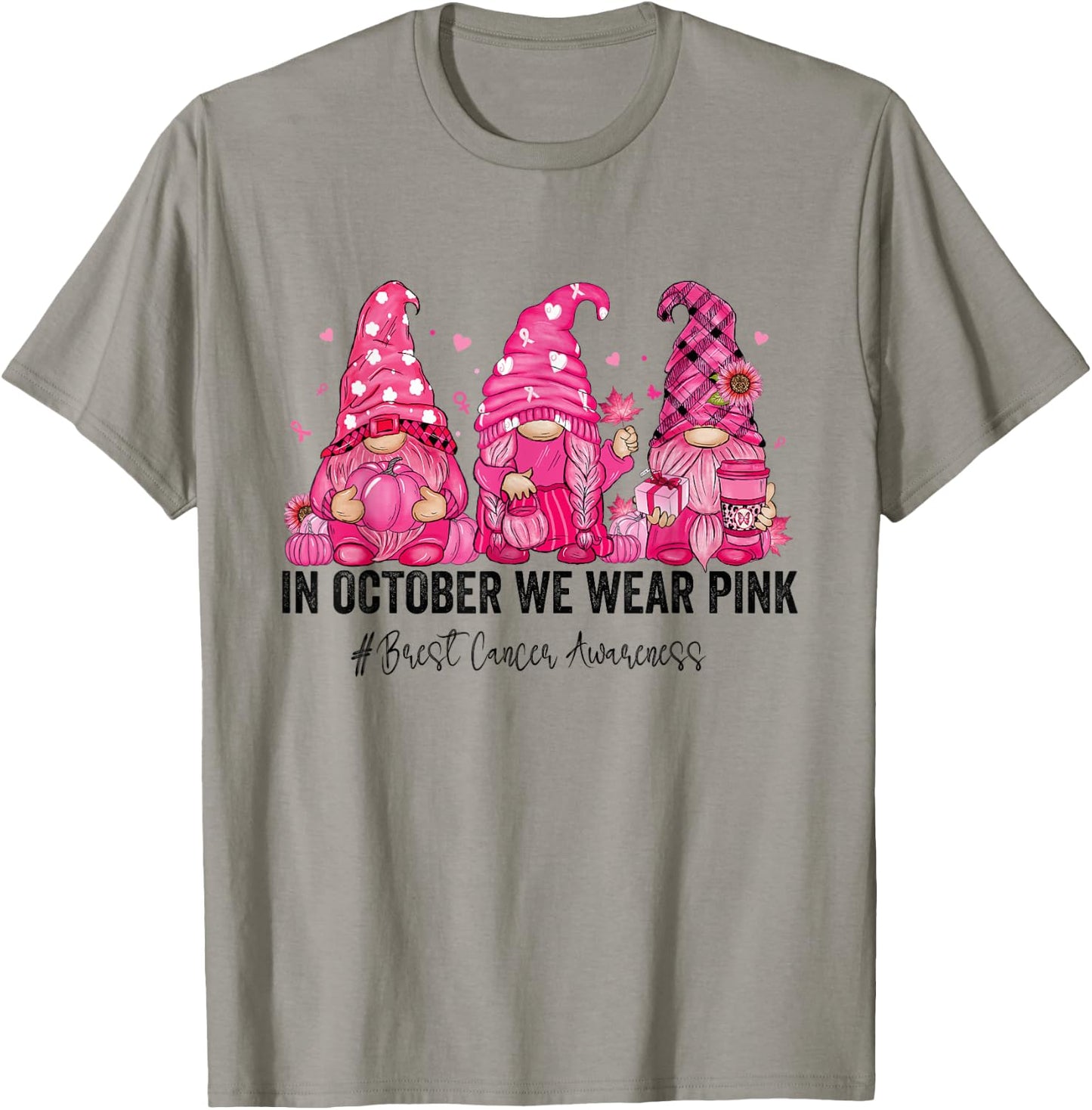 In October We Wear Pink Gnomes Breast Cancer Awareness T-Shirt - T-Shirt | Sand