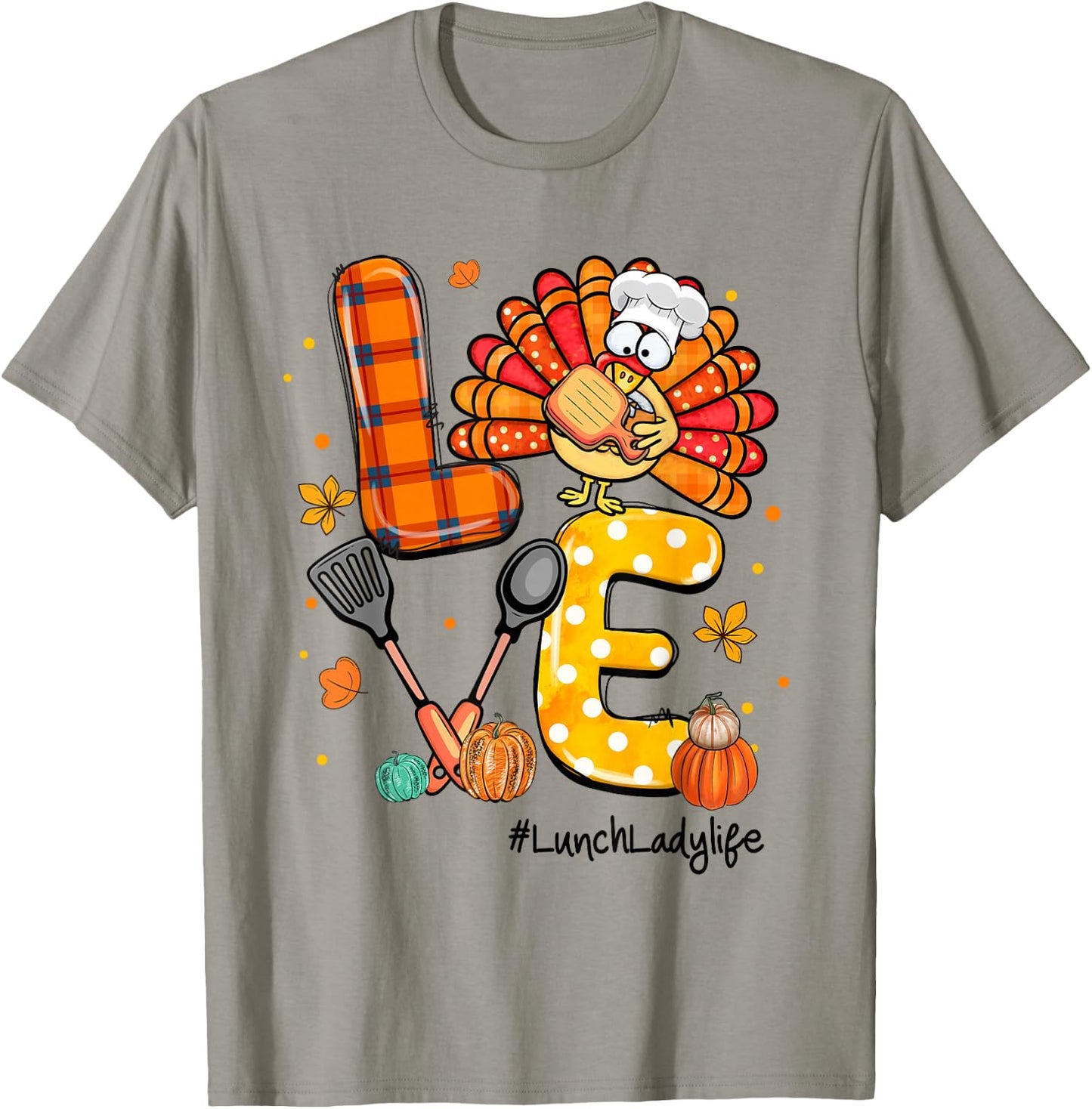 LOVE Turkey Pilgrim Hat Lunch Lady Life Thanksgiving T-Shirt - T-Shirt | Sand