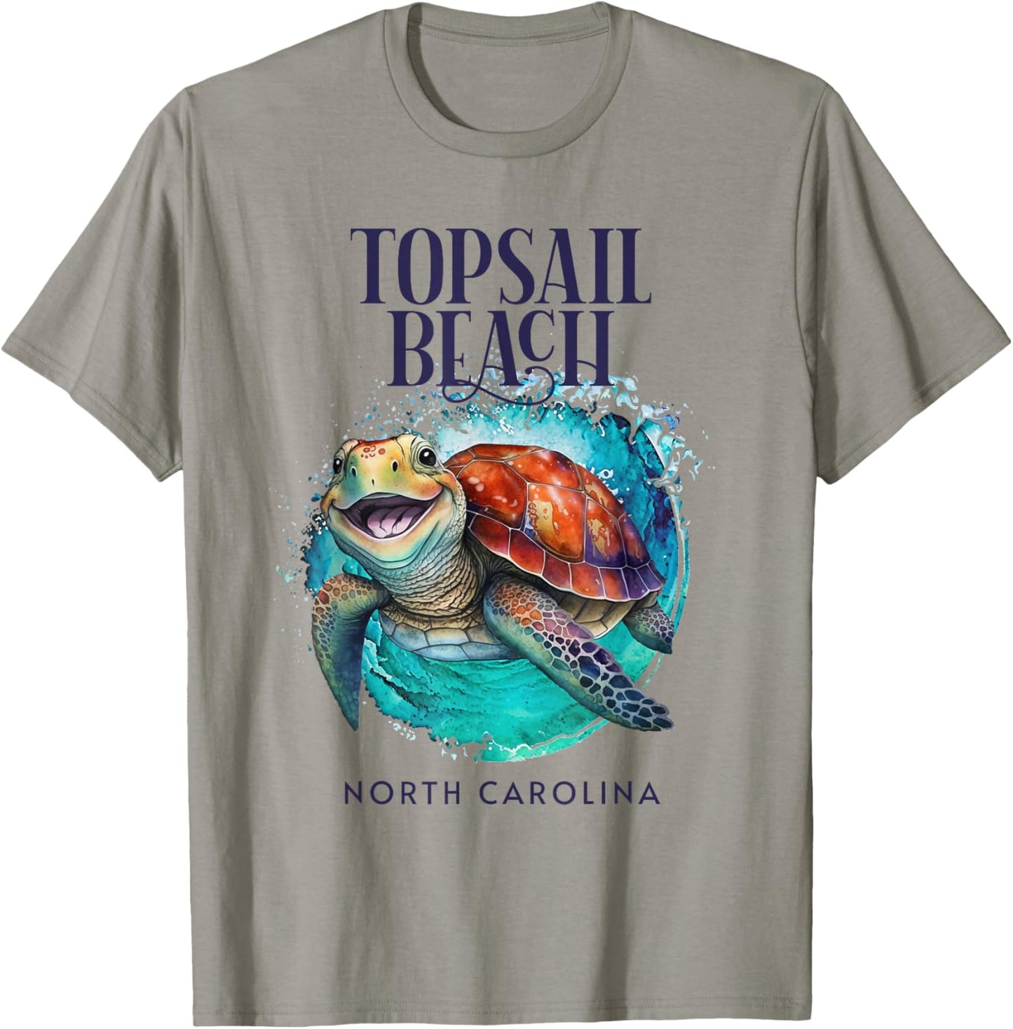 Topsail Beach North Carolina Watercolor Happy Sea Turtle Men Women Kids T-Shirt - T-Shirt | Sand