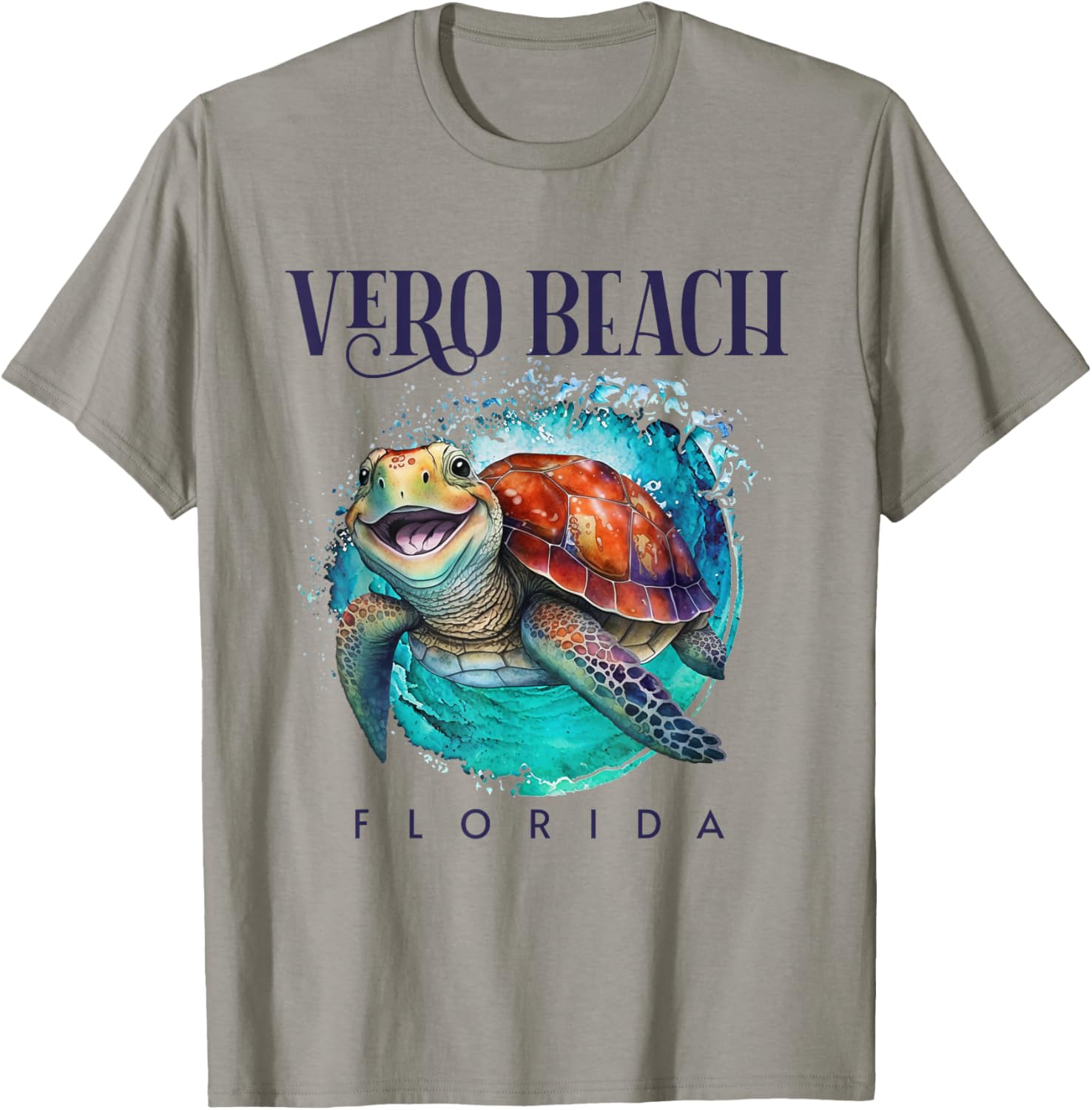 Vero Beach Florida Watercolor Happy Sea Turtle T-Shirt - T-Shirt | Sand