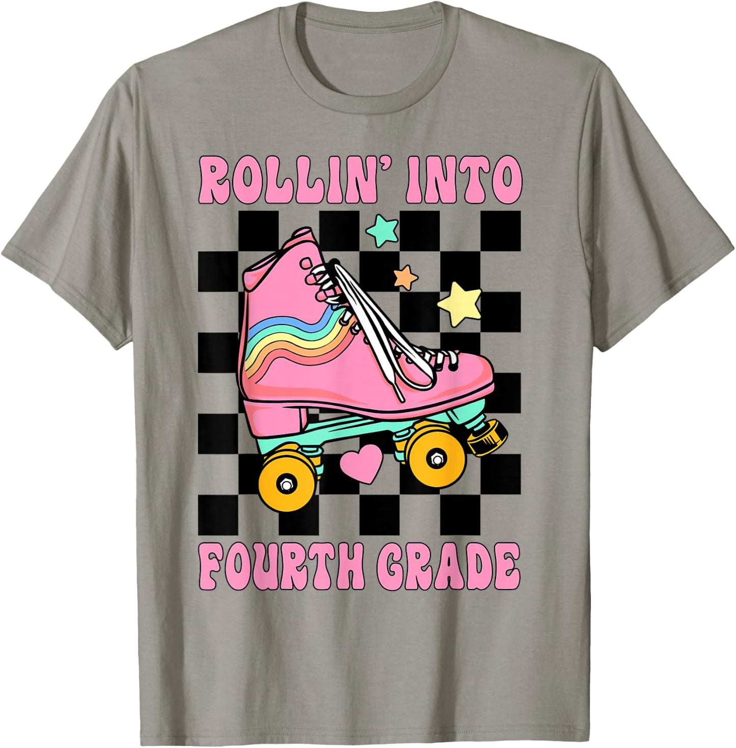 Rolling Into Fourth Grade Retro Roller Skates Back To School T-Shirt - T-Shirt | Sand