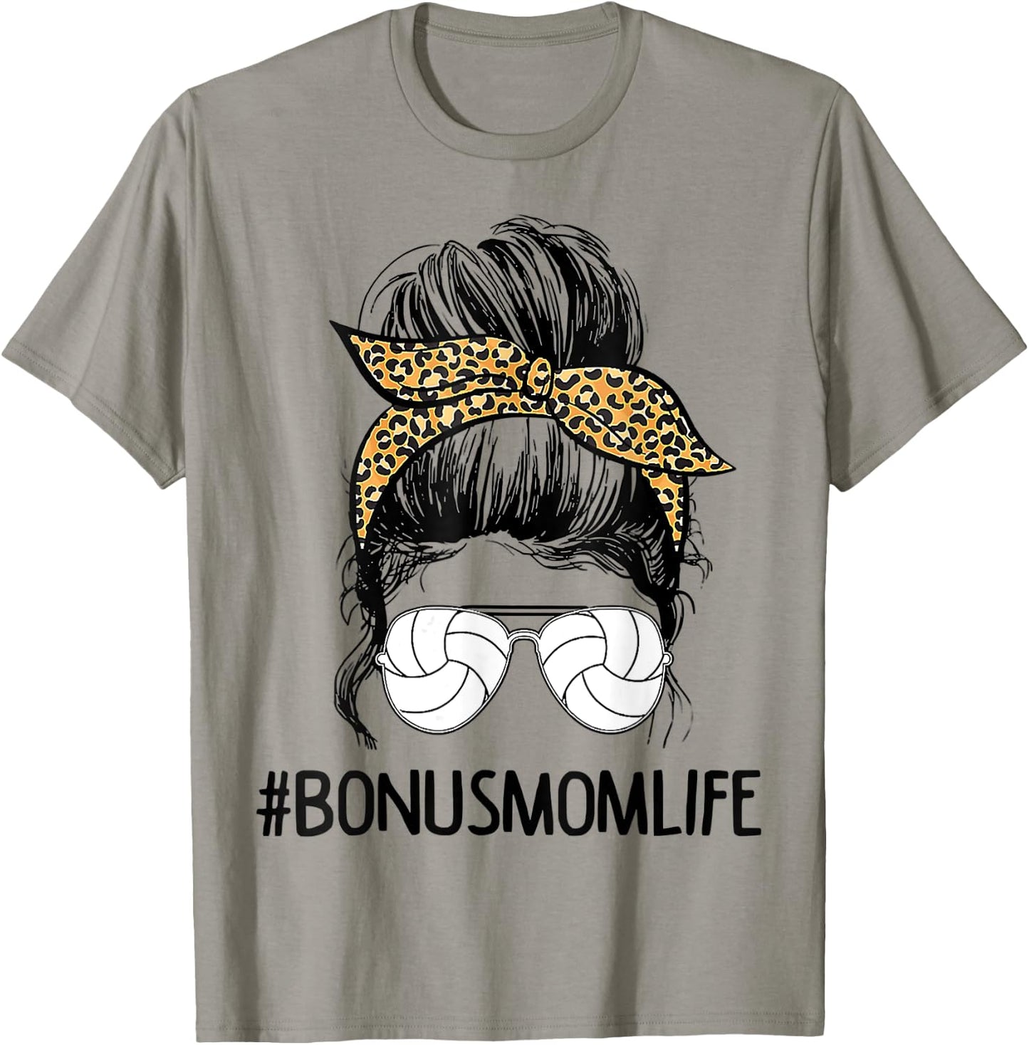 Volleyball Bonus Mom Life Messy Bun Leopard Mother’s Day T-Shirt - T-Shirt | Sand