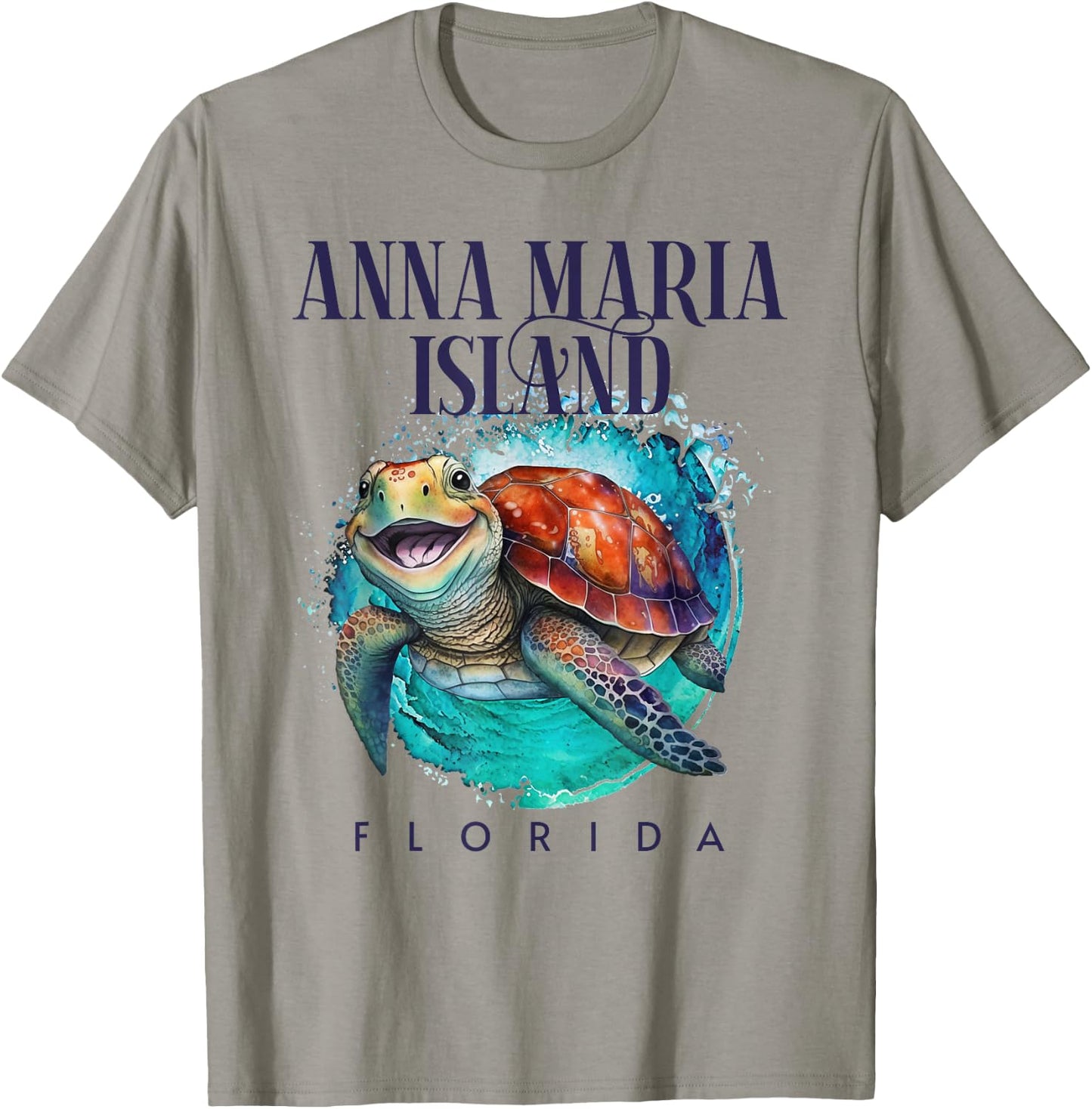 Anna Maria Island Florida Watercolor Happy Sea Turtle T-Shirt - T-Shirt | Sand