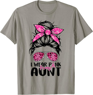I Wear Pink For My Aunt Messy Bun Breast Cancer Support T-Shirt - T-Shirt | Sand
