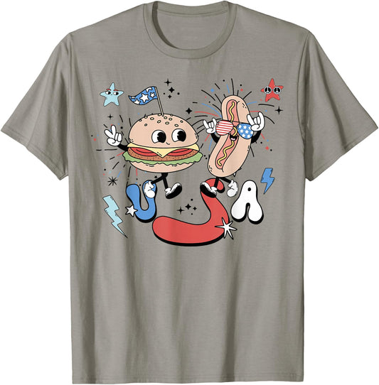 Retro USA Groovy 4th Of July Funny Hot Dog Hamburger US Flag T-Shirt - T-Shirt | Sand