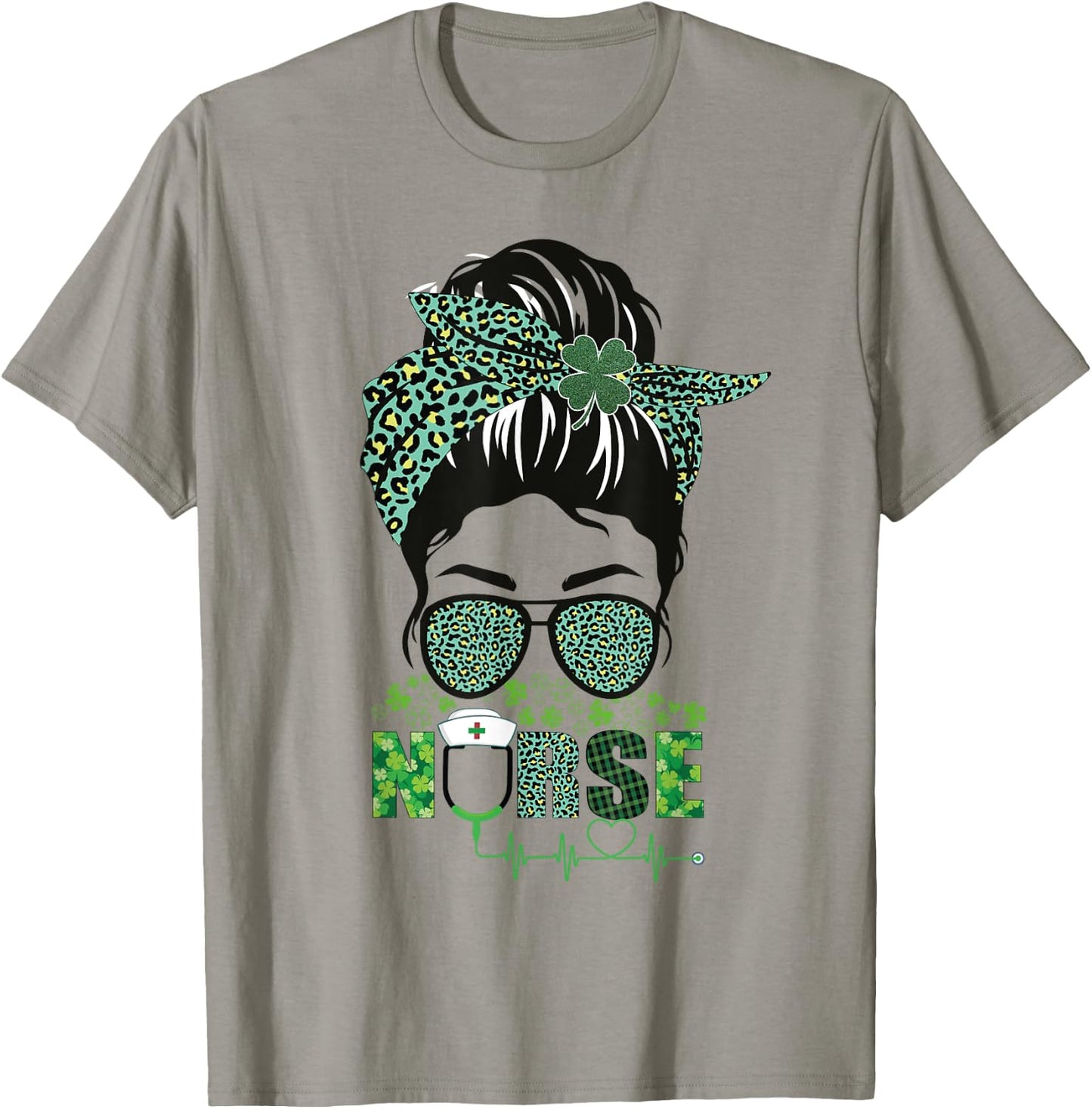 Irish Nurse Shamrock St Patrick's Day Nurse Messy Bun T-Shirt - T-Shirt | Sand