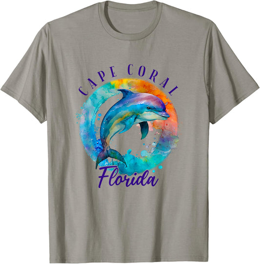 Cape Coral Florida Happy Watercolor Dolphin T-Shirt - T-Shirt | Sand