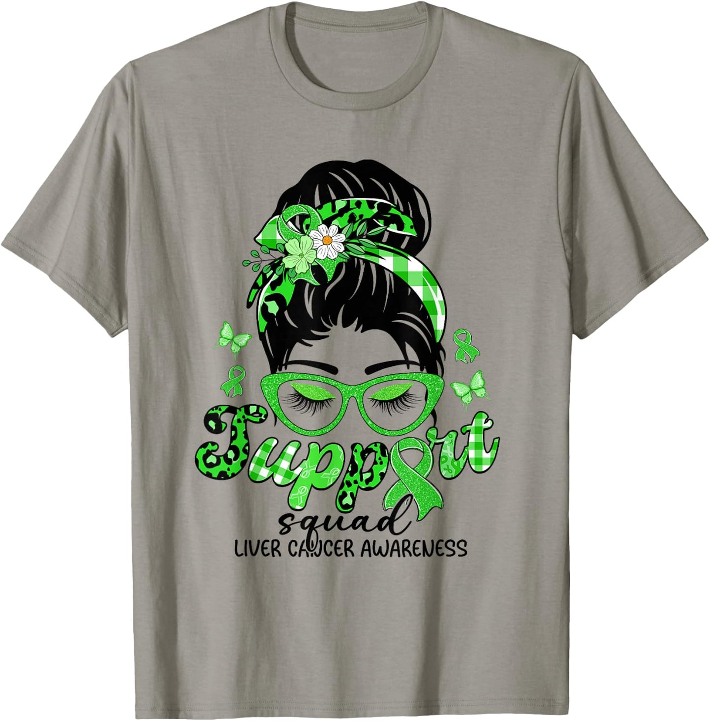 Support Squad Messy Bun Leopard Liver Cancer Awareness T-Shirt - T-Shirt | Sand