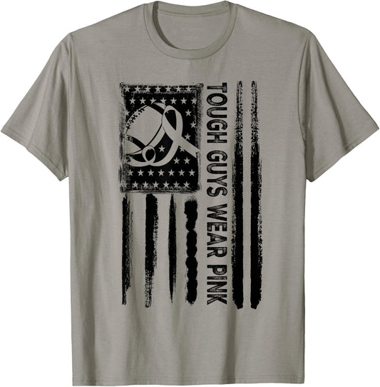 Tough Guys Wear Pink Breast Cancer Football American Flag T-Shirt - T-Shirt | Sand
