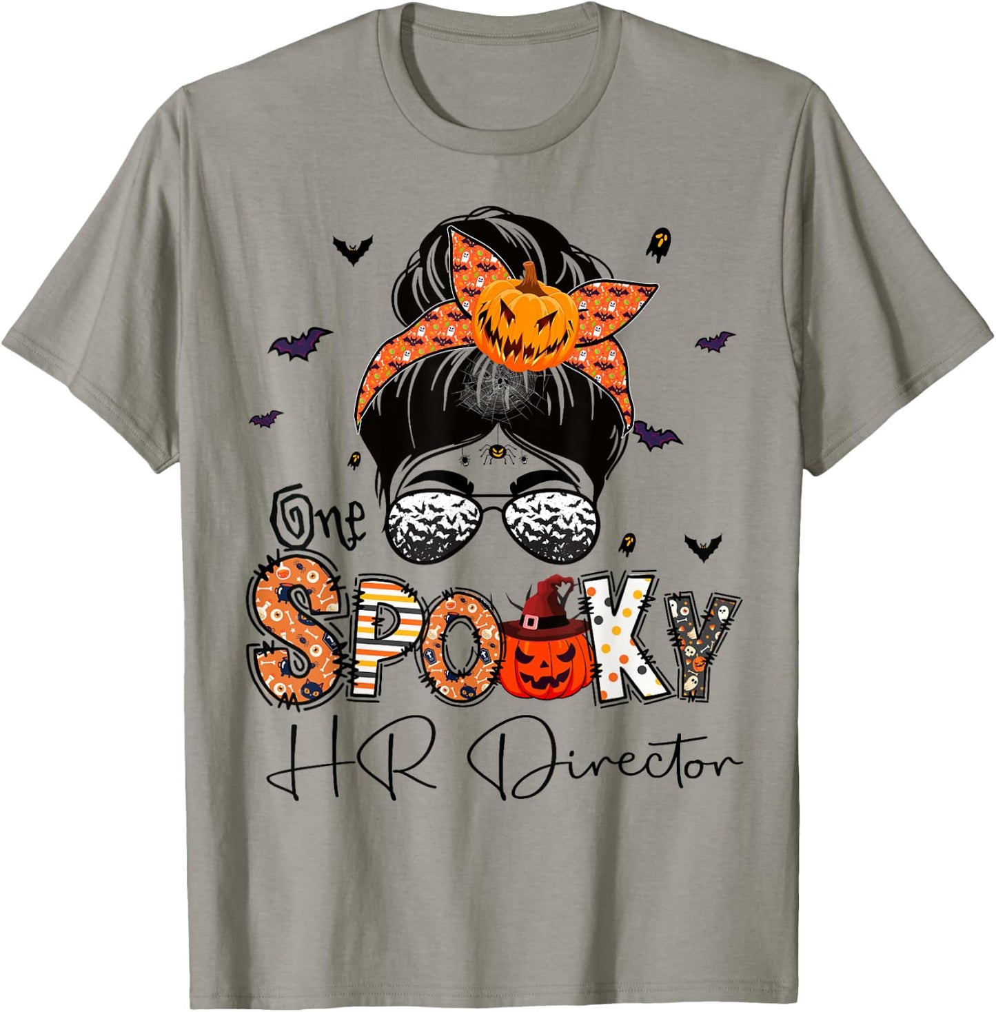 One Spooky HR Director Messy Bun Women Pumpkin Halloween T-Shirt - T-Shirt | Sand