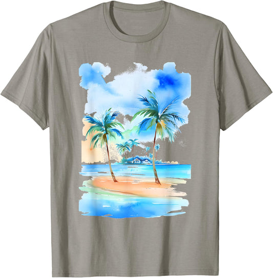 Palm Trees Tropical Beach Watercolor-Style Seascape T-Shirt - T-Shirt | Sand