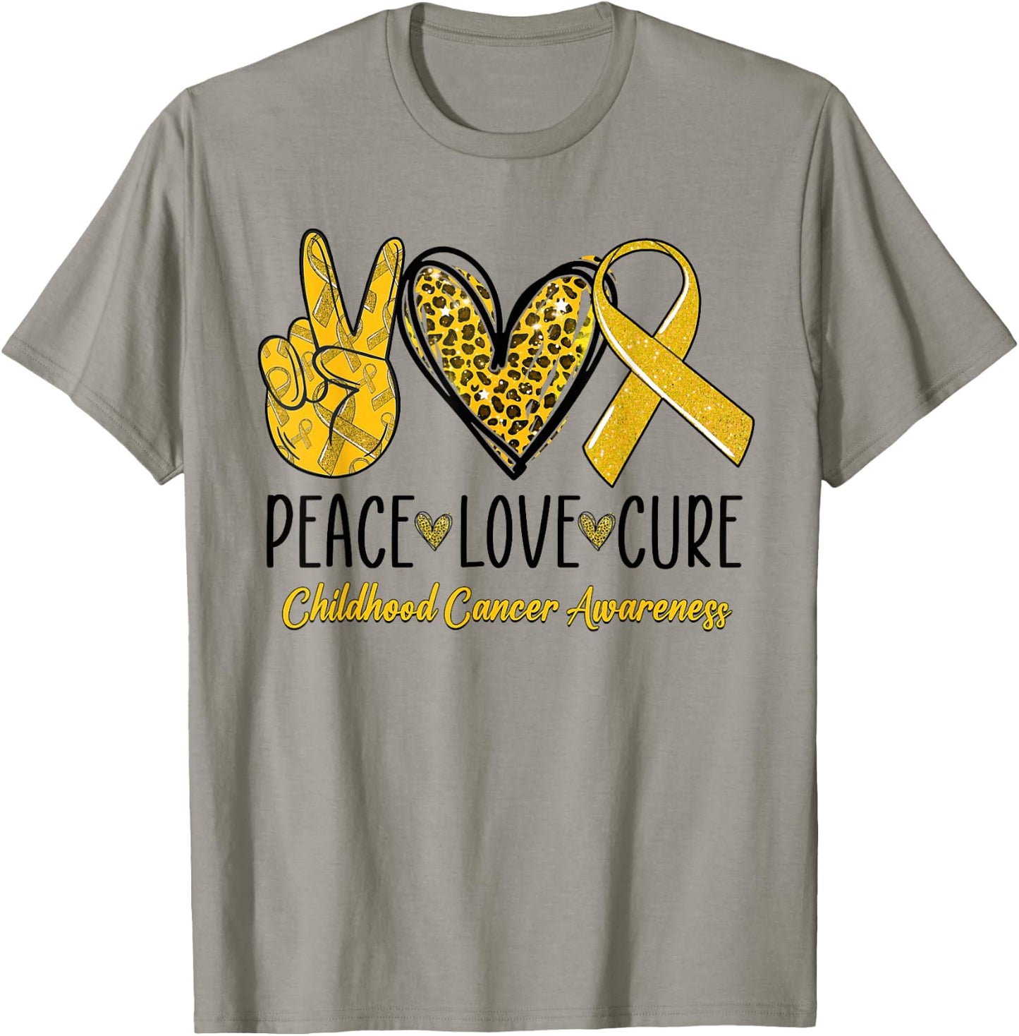 Peace Love Cure Childhood Cancer Awareness Gold Ribbon T-Shirt - T-Shirt | Sand