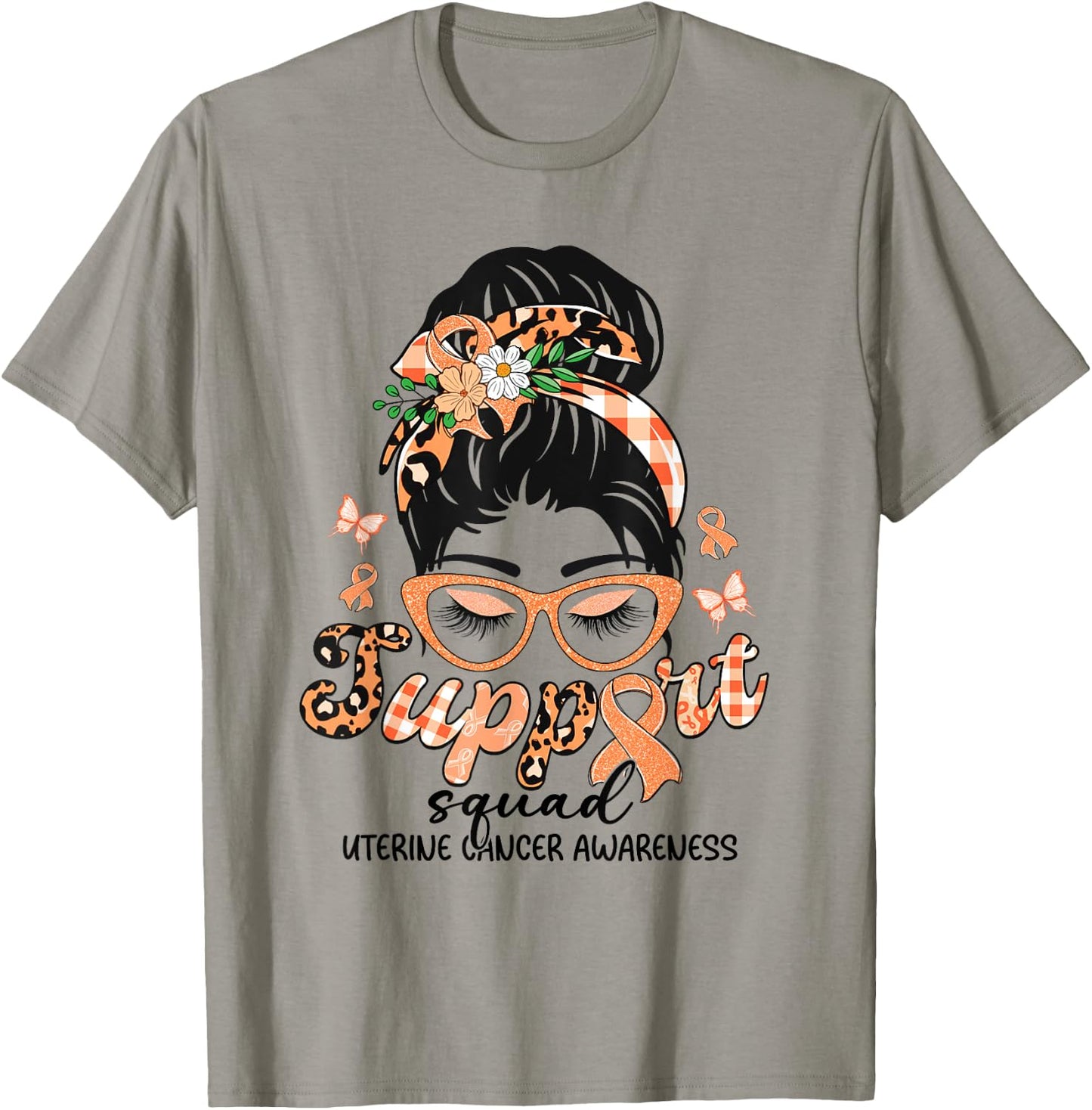 Support Squad Messy Bun Leopard Uterine Cancer Awareness T-Shirt - T-Shirt | Sand