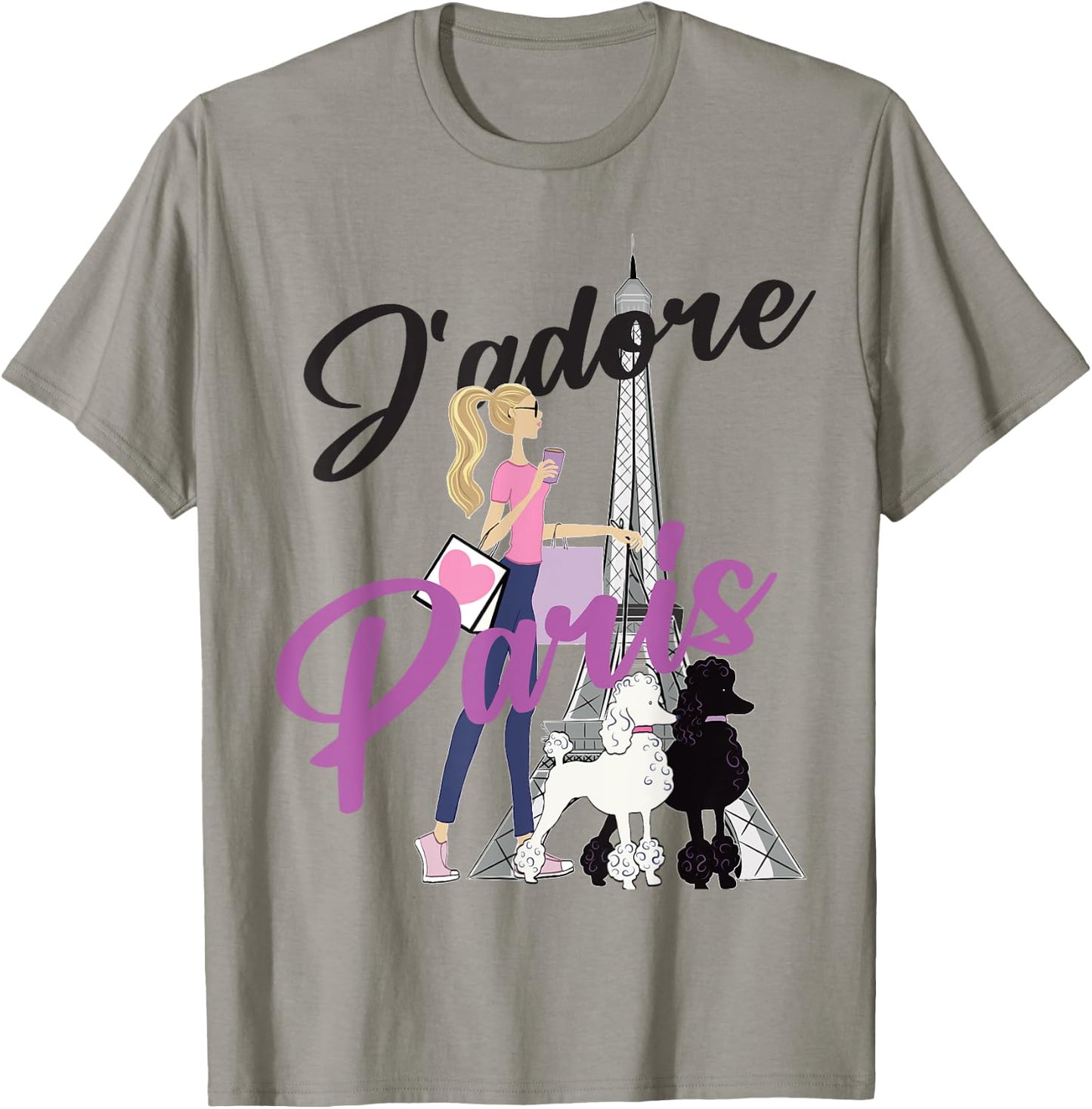 I Love Paris, Woman Walking Poodles By Eiffel Tower T-Shirt - T-Shirt | Sand