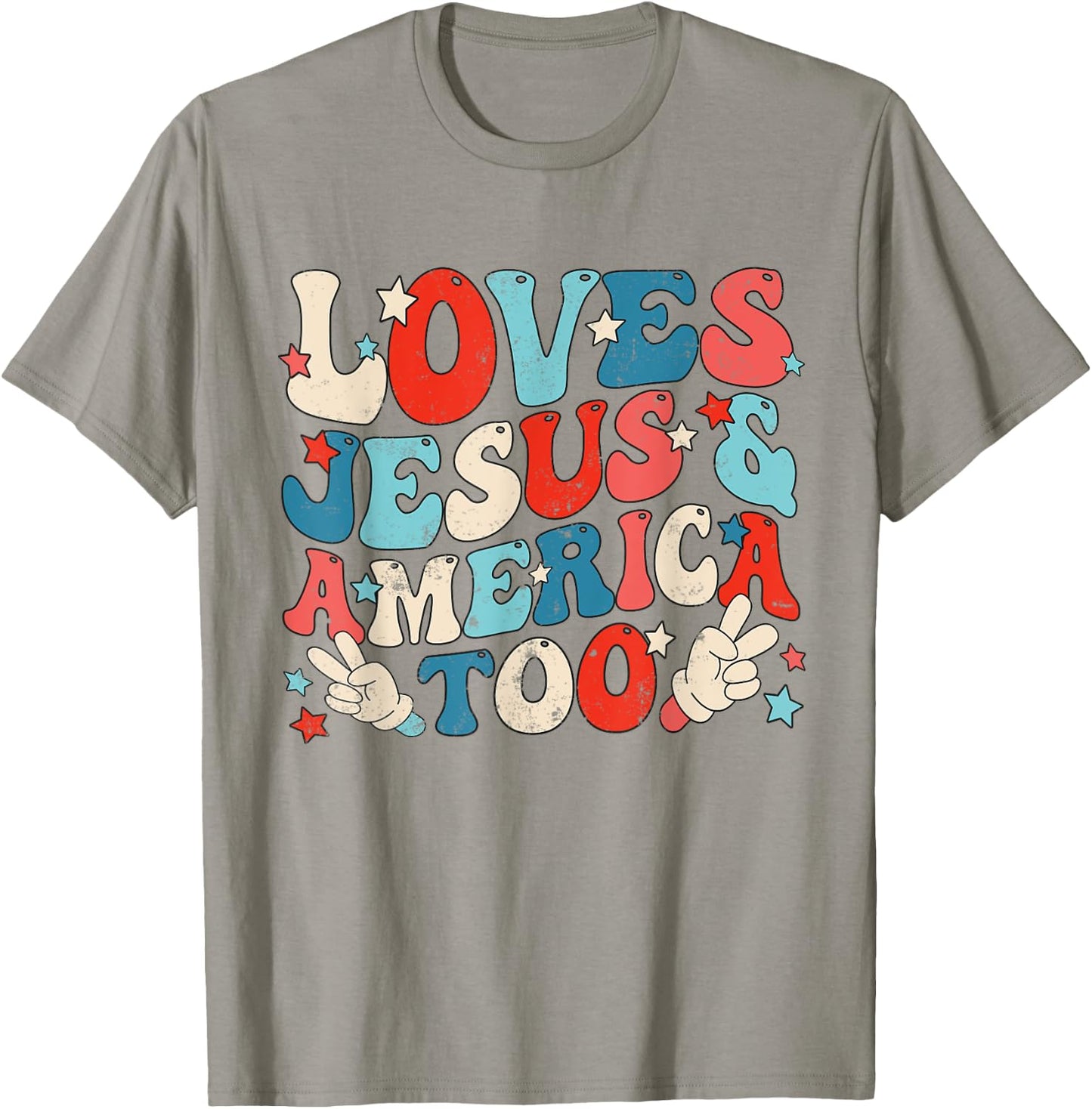 Loves Jesus and America Too Groovy 4th of July God Christian T-Shirt - T-Shirt | Sand