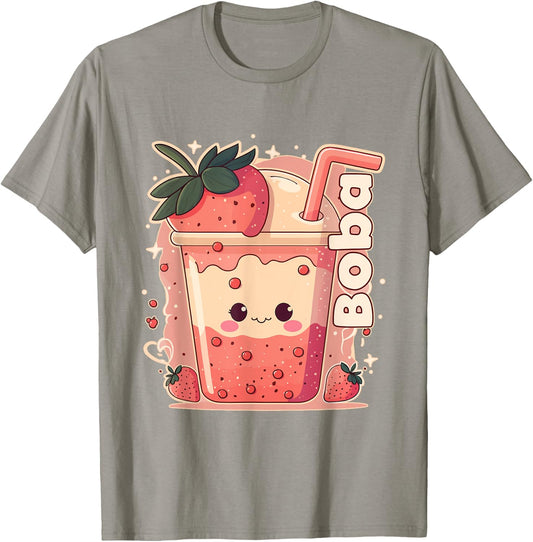 Strawberry Boba Anime Bubble Tea Neko Girls Kawaii Teen T-Shirt - T-Shirt | Sand
