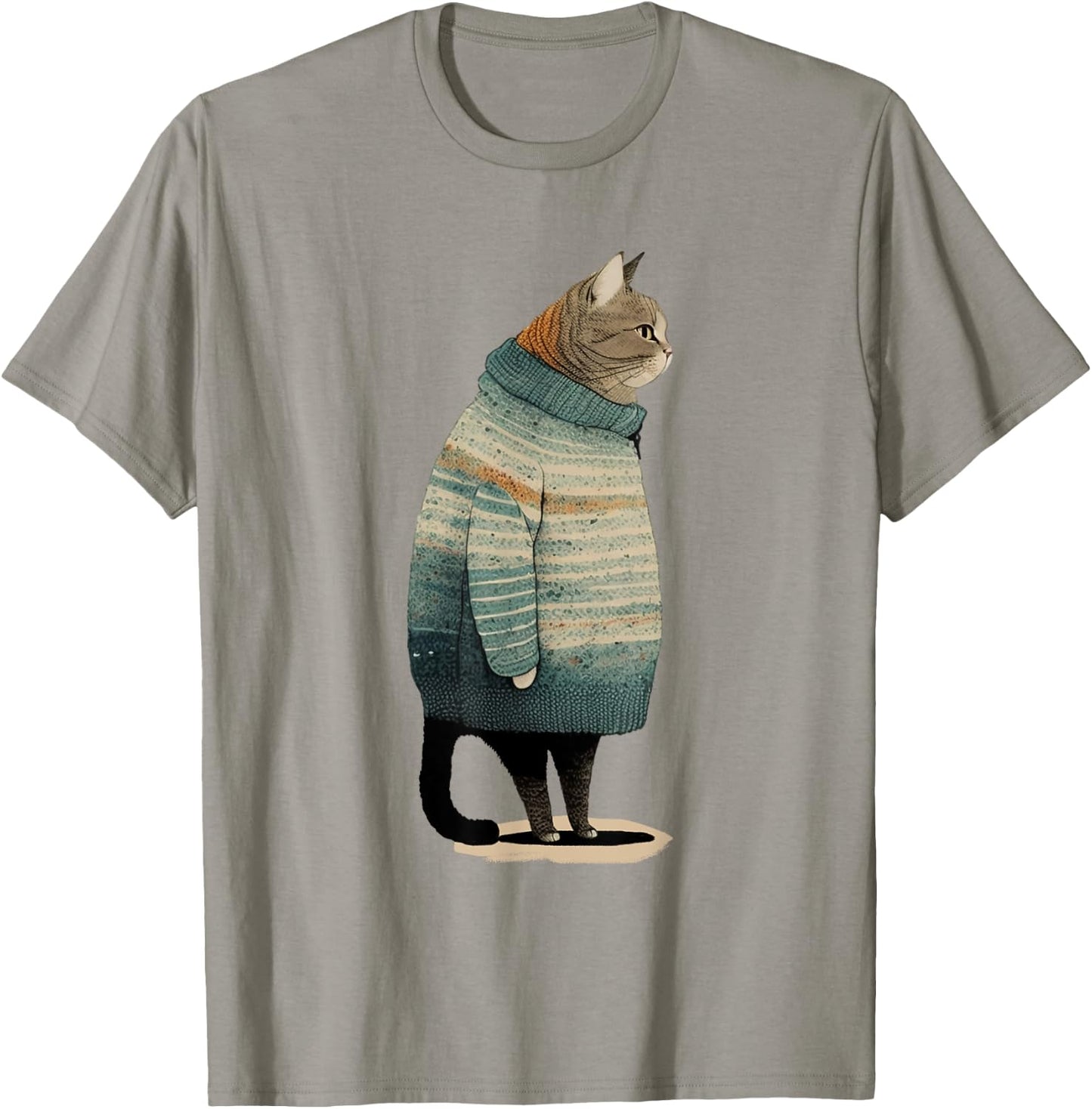 Cat Wearing a Sweater Funny Pet Fat Gray Cat Winter T-Shirt - T-Shirt | Sand
