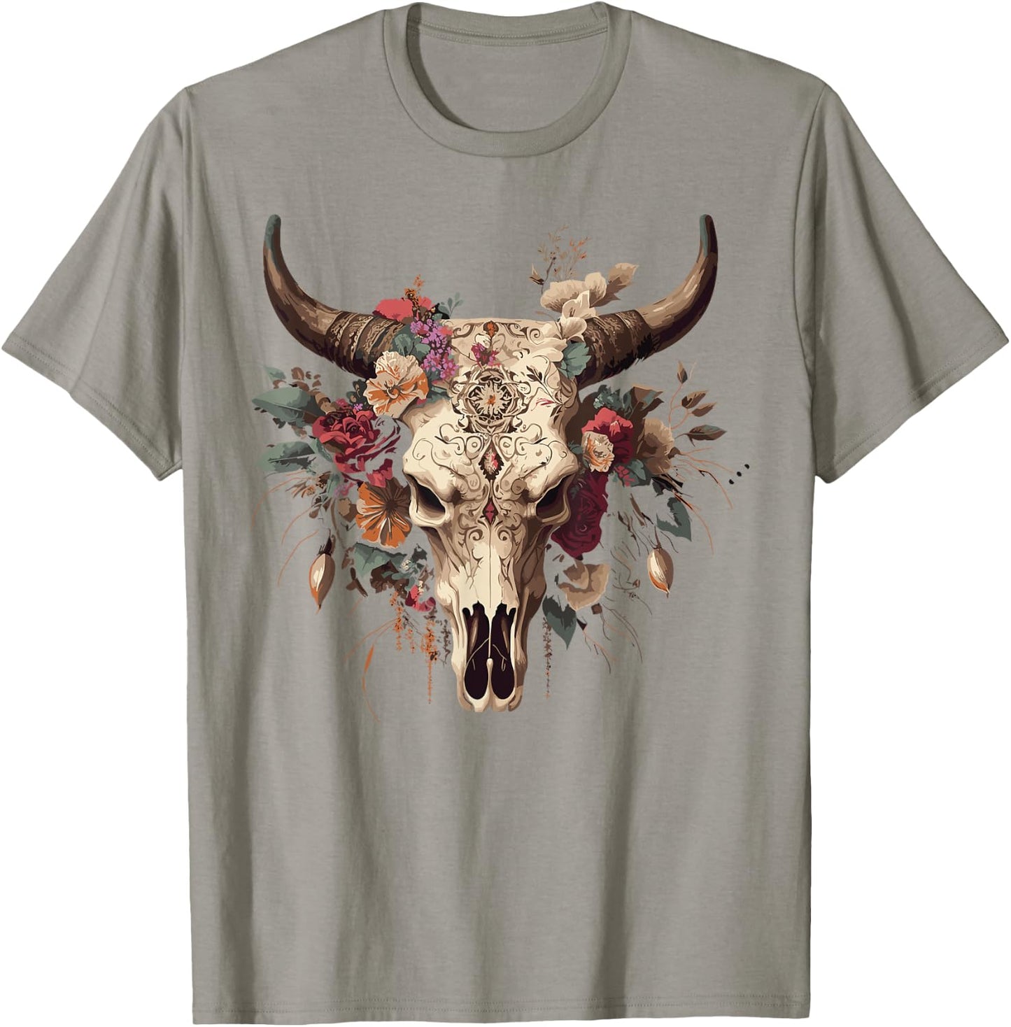 Highland Western Boho Cow Bull Skull Sunflower Cattle Animal T-Shirt - T-Shirt | Sand