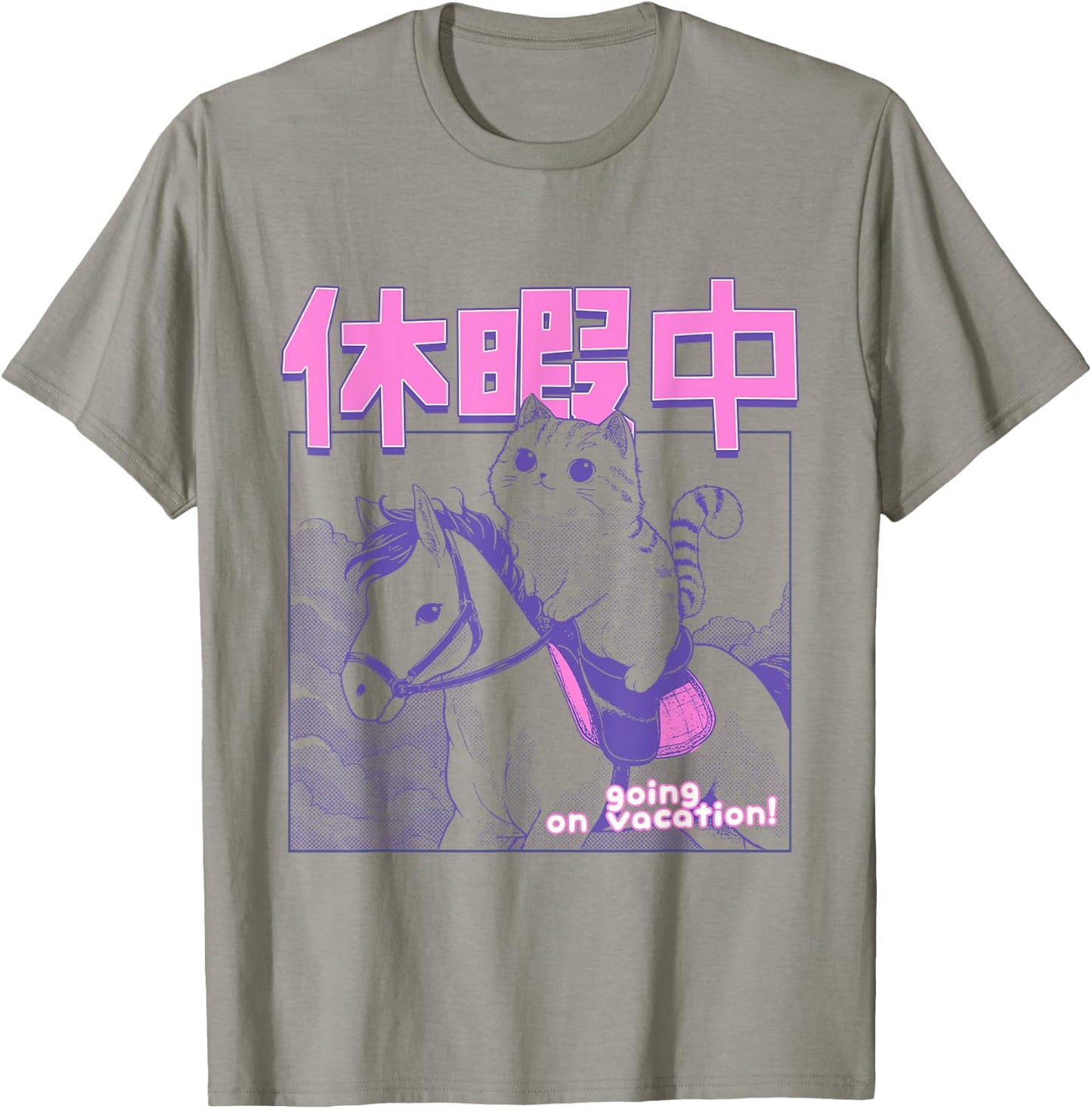 Kawaii Japanese Cat Riding Horse Vacation Anime Cat Lover Men Women Girls Kids T-Shirt - T-Shirt | Sand