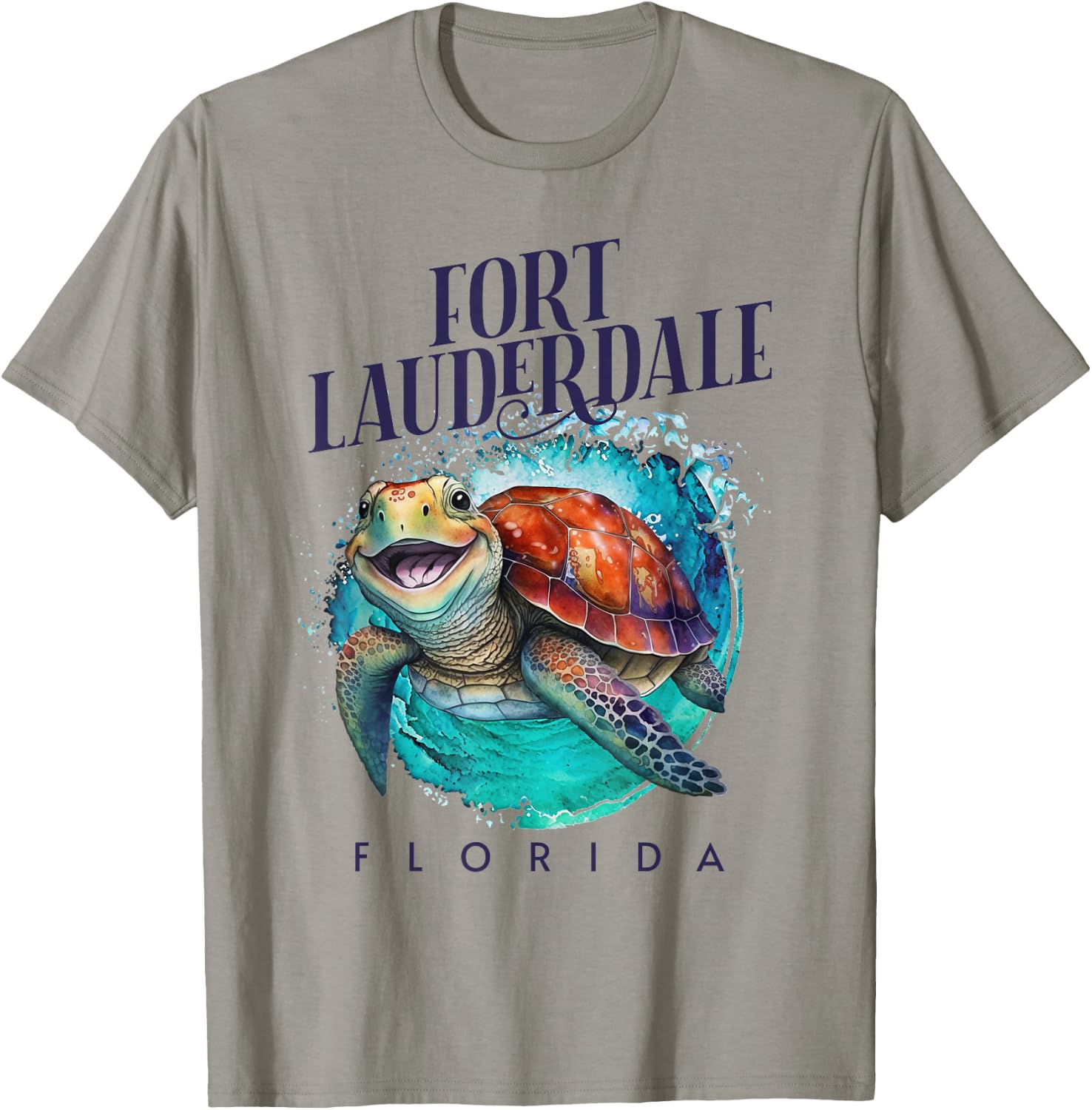 Fort Lauderdale Florida Watercolor Happy Sea Turtle T-Shirt - T-Shirt | Sand