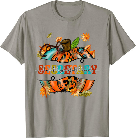 Thankful Grateful Blessed Secretary Pumpkin Autumn Fall T-Shirt - T-Shirt | Sand