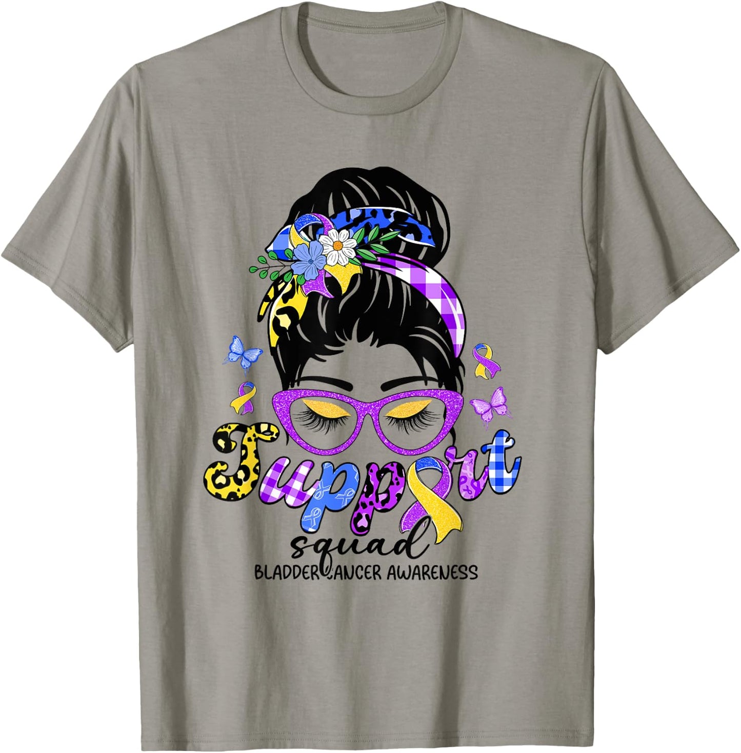 Support Squad Messy Bun Leopard Bladder Cancer Awareness T-Shirt - T-Shirt | Sand
