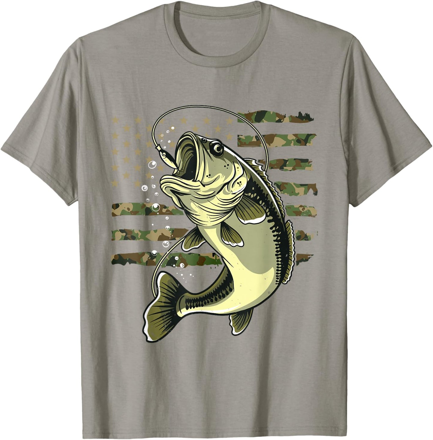 Bass Fish Fishing USA American Flag Camouflage Fisherman T-Shirt - T-Shirt | Sand