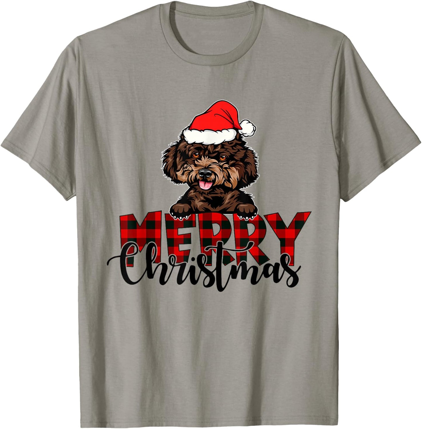 Merry Christmas Poodle Dog Christmas Red Plaid Santa Hat T-Shirt - T-Shirt | Sand