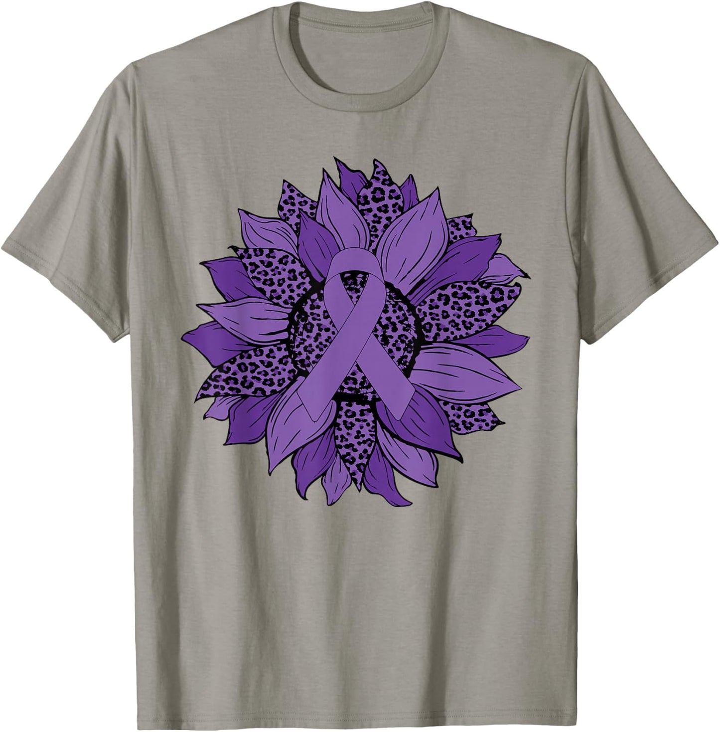 Leopard Sunflower Purple Ribbon Fibromyalgia Awareness Month T-Shirt - T-Shirt | Sand